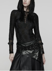 Front Chest Metal Eyelets Lace-Up Long Sleeve Hasp Loop  Black Punk Print Knit Splice Mesh Hooded T-Shirt