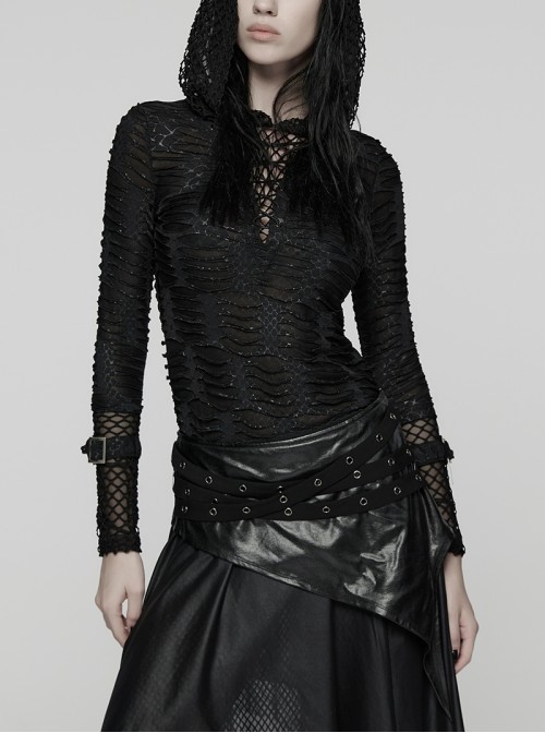 Front Chest Metal Eyelets Lace-Up Long Sleeve Hasp Loop  Black Punk Print Knit Splice Mesh Hooded T-Shirt
