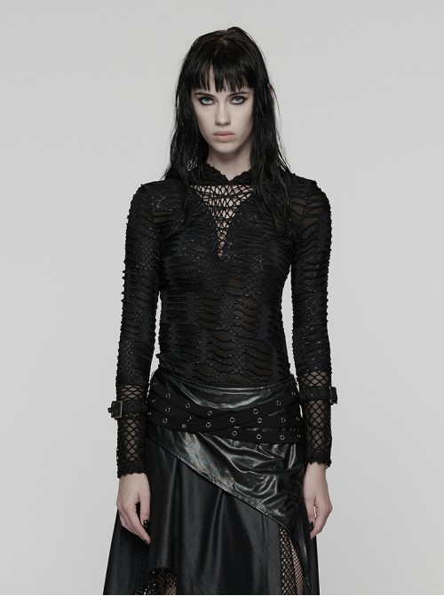 Front Chest Metal Eyelets Lace-Up Long Sleeve Hasp Loop  Black Punk Print Knit Splice Mesh Hooded T-Shirt