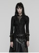 Front Chest Metal Eyelets Lace-Up Long Sleeve Hasp Loop  Black Punk Print Knit Splice Mesh Hooded T-Shirt