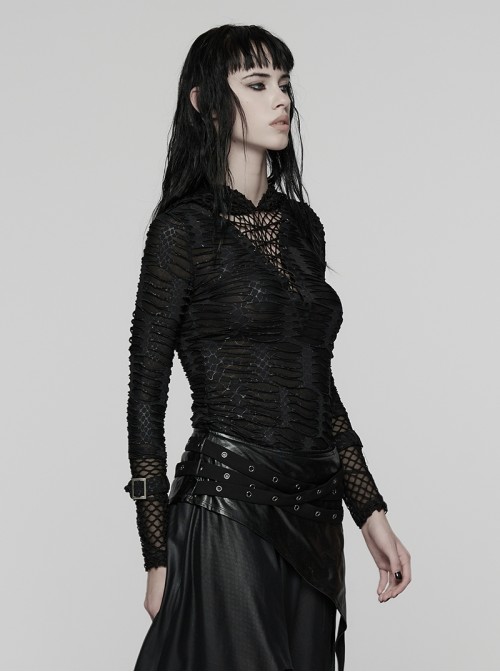Front Chest Metal Eyelets Lace-Up Long Sleeve Hasp Loop  Black Punk Print Knit Splice Mesh Hooded T-Shirt