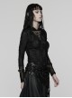 Front Chest Metal Eyelets Lace-Up Long Sleeve Hasp Loop  Black Punk Print Knit Splice Mesh Hooded T-Shirt