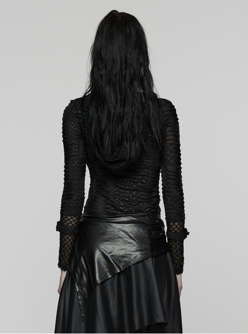Front Chest Metal Eyelets Lace-Up Long Sleeve Hasp Loop  Black Punk Print Knit Splice Mesh Hooded T-Shirt