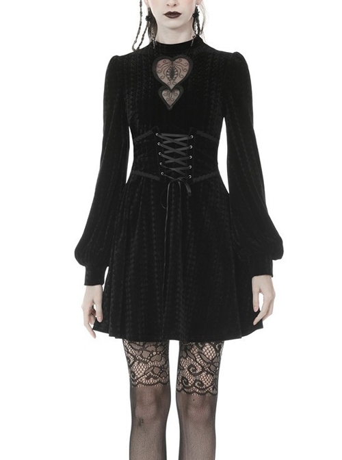Lace Heart-Shaped Hollow Lace-Up Waist Long Sleeves Black Gothic Dress
