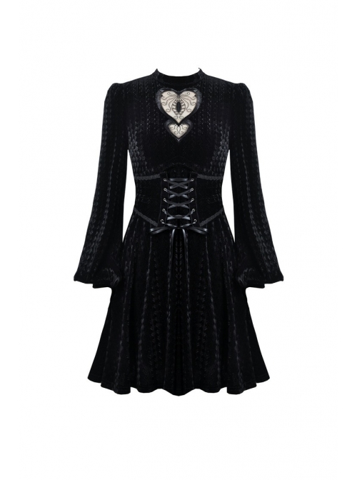 Lace Heart-Shaped Hollow Lace-Up Waist Long Sleeves Black Gothic Dress
