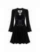 Lace Heart-Shaped Hollow Lace-Up Waist Long Sleeves Black Gothic Dress