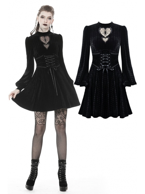 Lace Heart-Shaped Hollow Lace-Up Waist Long Sleeves Black Gothic Dress