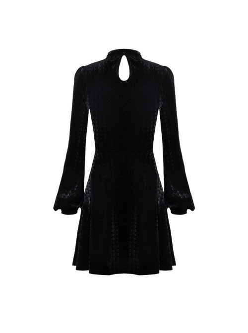 Lace Heart-Shaped Hollow Lace-Up Waist Long Sleeves Black Gothic Dress