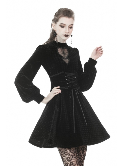 Lace Heart-Shaped Hollow Lace-Up Waist Long Sleeves Black Gothic Dress