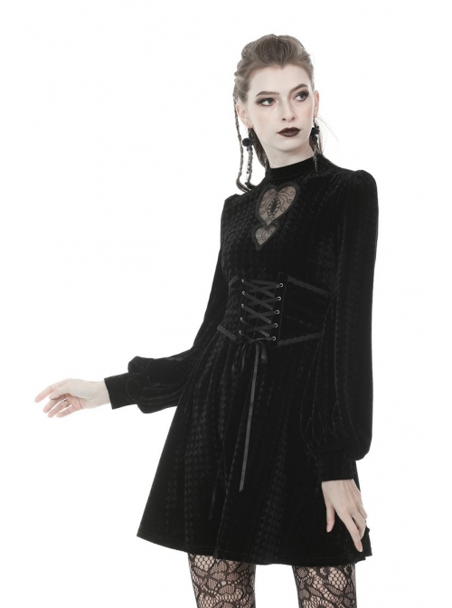 Lace Heart-Shaped Hollow Lace-Up Waist Long Sleeves Black Gothic Dress