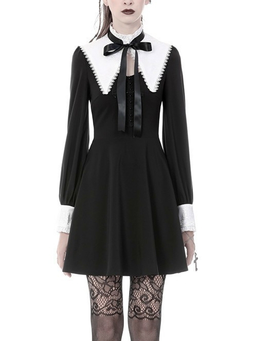 Black Lolita White Inverted Triangle Shawl Lace-Up Bow Long Sleeves Gothic Dress