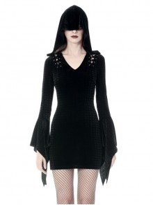 Lace-Up Shoulder Long Sleeves Slit Hem Black Witch Halloween Gothic Dress