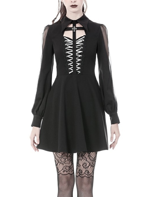 Lace-Up Chest Cross Long Sleeves High Waisted Black Gothic Dress