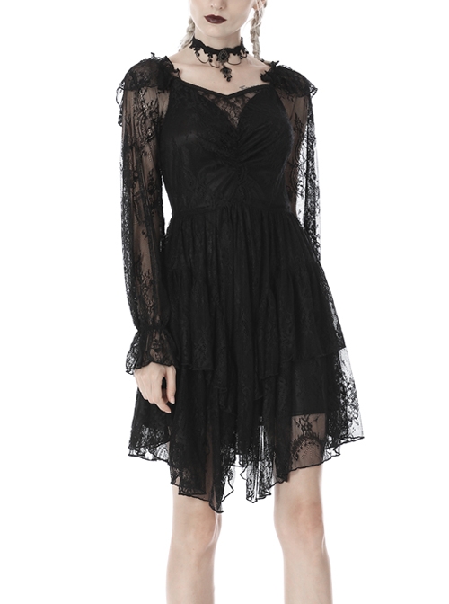 Black Elegant Lace Long Sleeves High Waisted Midi Gothic Dress