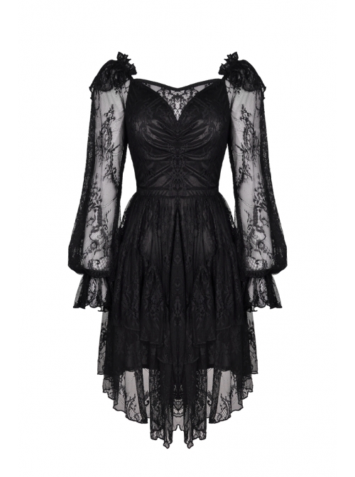 Black Elegant Lace Long Sleeves High Waisted Midi Gothic Dress