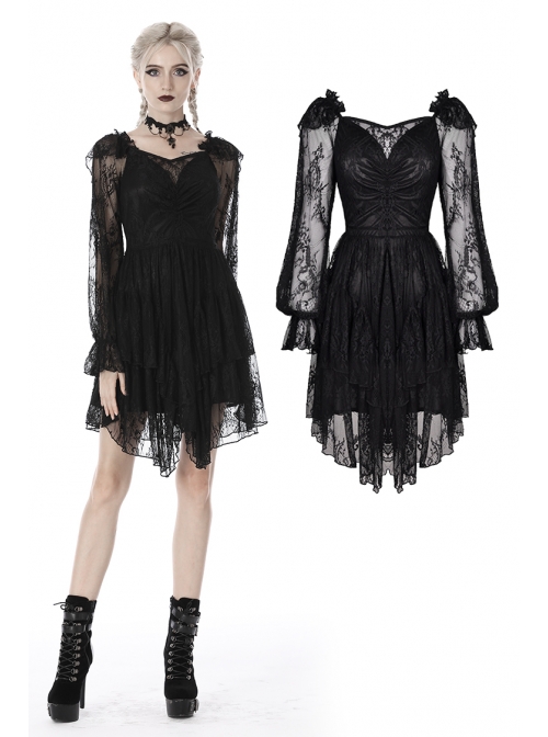 Black Elegant Lace Long Sleeves High Waisted Midi Gothic Dress