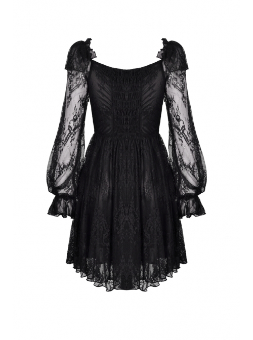 Black Elegant Lace Long Sleeves High Waisted Midi Gothic Dress