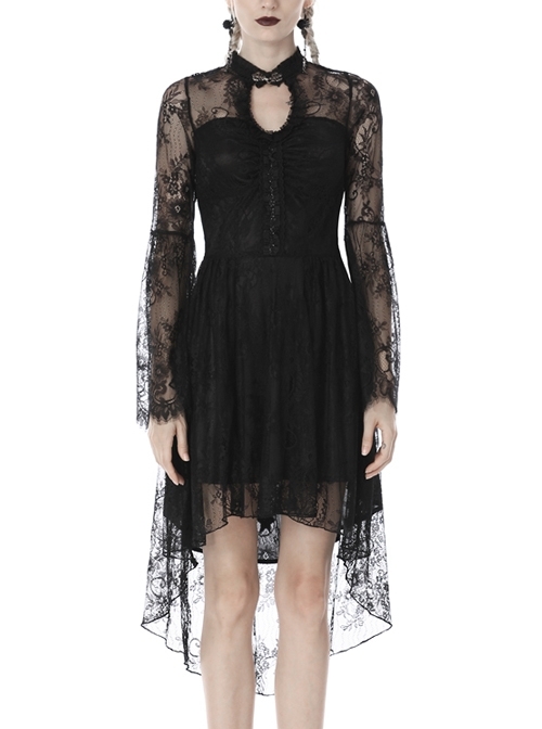 Lace Long Sleeves Chest Hollow High Waisted Rear Long Hem Black Gothic Dress