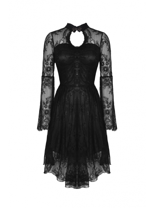 Lace Long Sleeves Chest Hollow High Waisted Rear Long Hem Black Gothic Dress