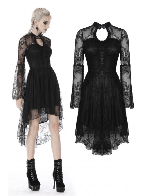 Lace Long Sleeves Chest Hollow High Waisted Rear Long Hem Black Gothic Dress
