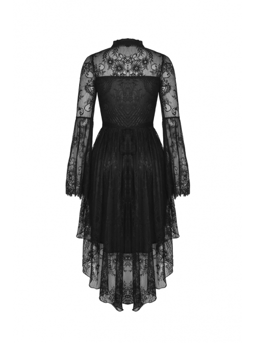 Lace Long Sleeves Chest Hollow High Waisted Rear Long Hem Black Gothic Dress  - Magic Wardrobes