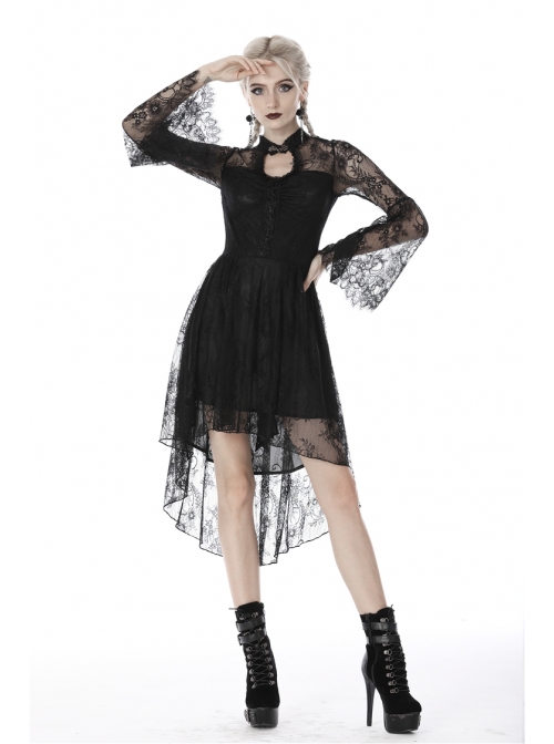 Lace Long Sleeves Chest Hollow High Waisted Rear Long Hem Black Gothic Dress