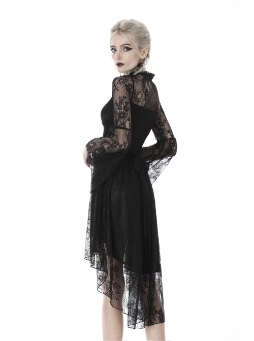 Lace Long Sleeves Chest Hollow High Waisted Rear Long Hem Black Gothic Dress