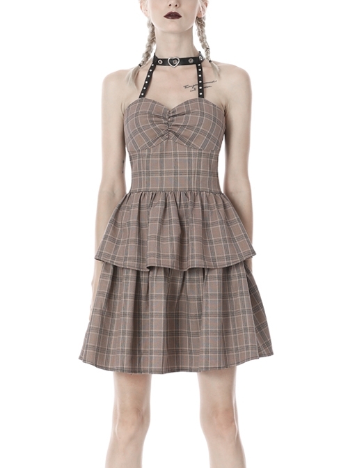 Brown Checked Off-Shoulder Rivet Inlaid Straps Corset Punk Dress
