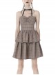 Brown Checked Off-Shoulder Rivet Inlaid Straps Corset Punk Dress