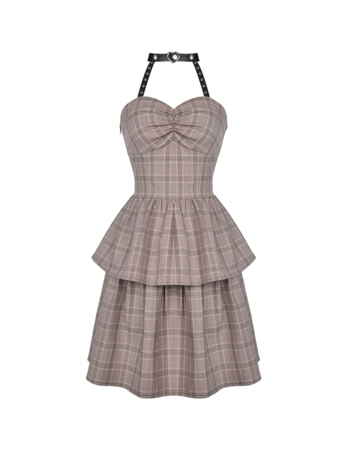 Brown Checked Off-Shoulder Rivet Inlaid Straps Corset Punk Dress