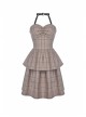 Brown Checked Off-Shoulder Rivet Inlaid Straps Corset Punk Dress
