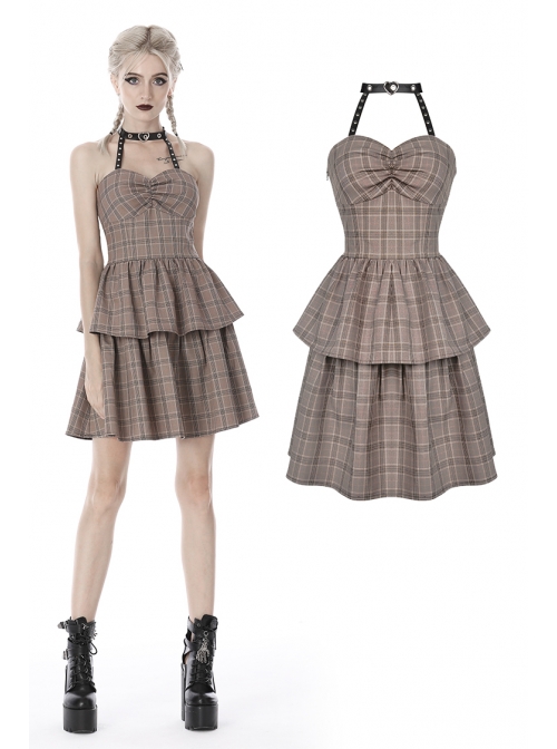 Brown Checked Off-Shoulder Rivet Inlaid Straps Corset Punk Dress