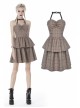 Brown Checked Off-Shoulder Rivet Inlaid Straps Corset Punk Dress