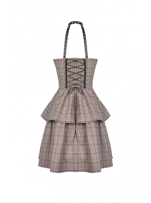 Brown Checked Off-Shoulder Rivet Inlaid Straps Corset Punk Dress