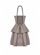 Brown Checked Off-Shoulder Rivet Inlaid Straps Corset Punk Dress