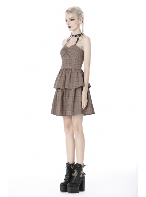 Brown Checked Off-Shoulder Rivet Inlaid Straps Corset Punk Dress