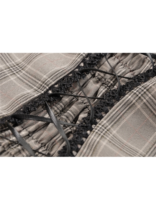 Brown Checked Off-Shoulder Rivet Inlaid Straps Corset Punk Dress