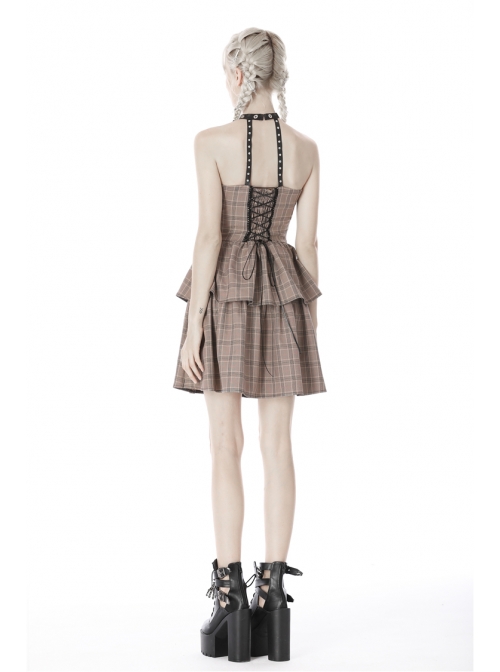 Brown Checked Off-Shoulder Rivet Inlaid Straps Corset Punk Dress