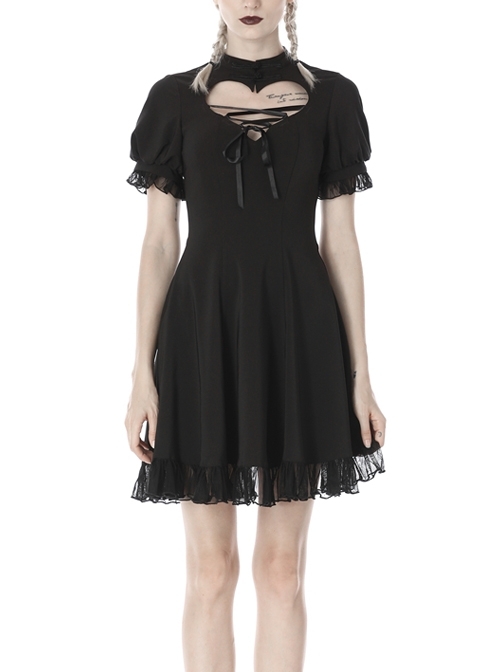 Black Lolita Heart-Shaped Hollow Chest Lace-Up Short Sleeves Gothic Dress
