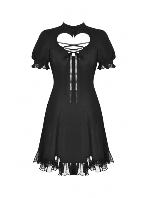 Black Lolita Heart-Shaped Hollow Chest Lace-Up Short Sleeves Gothic Dress
