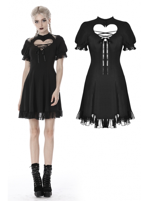 Black Lolita Heart-Shaped Hollow Chest Lace-Up Short Sleeves Gothic Dress