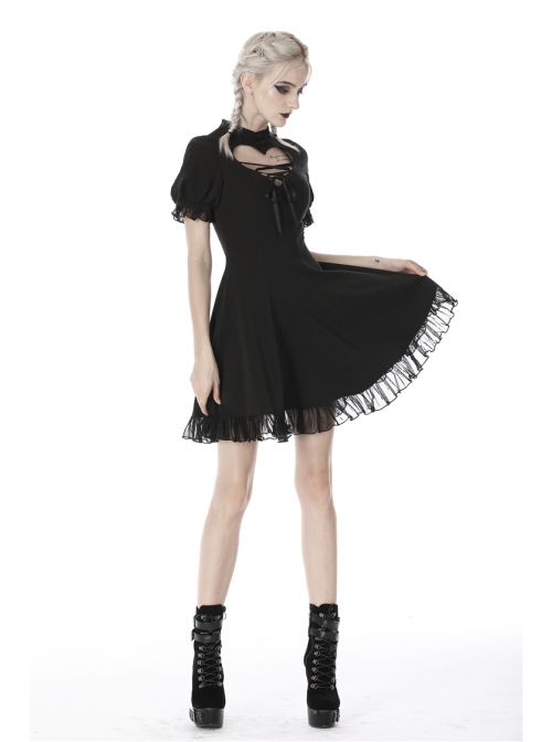 Black Lolita Heart-Shaped Hollow Chest Lace-Up Short Sleeves Gothic Dress