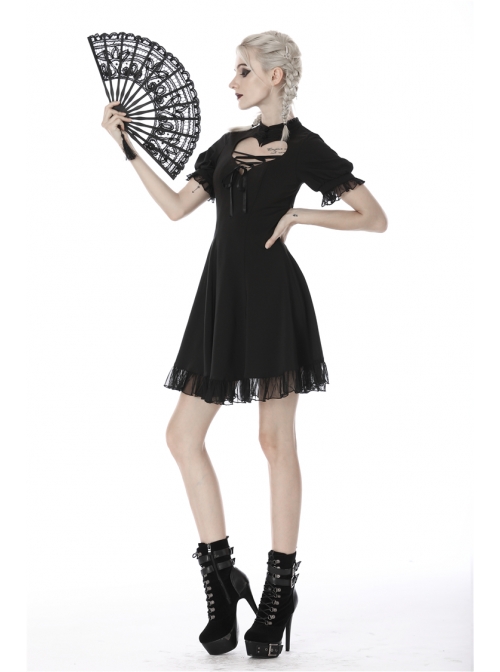 Black Lolita Heart-Shaped Hollow Chest Lace-Up Short Sleeves Gothic Dress