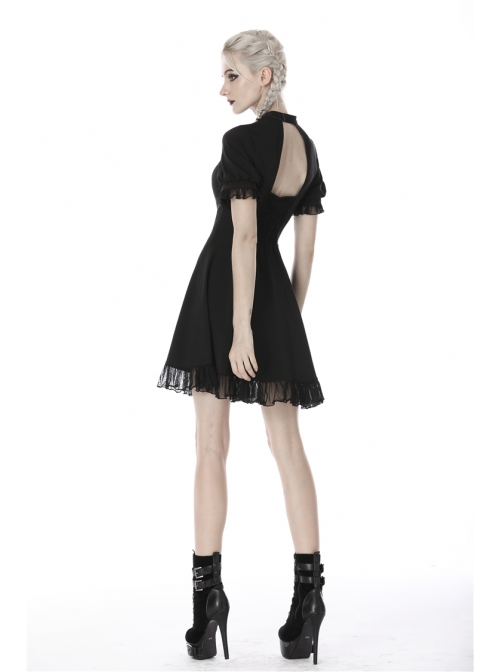 Black Lolita Heart-Shaped Hollow Chest Lace-Up Short Sleeves Gothic Dress