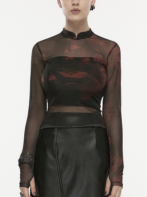 Black And Red Stretch Mesh Anti-Bloom Stand Collar Punk Long Sleeve T-Shirt