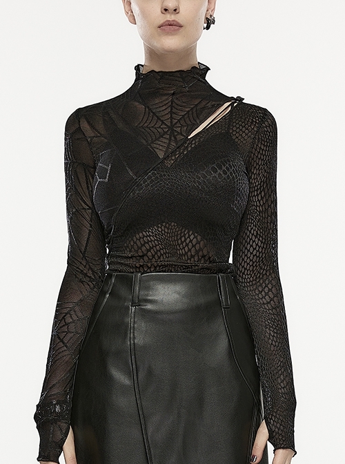 Stretch Black Spider Mesh Inverted Triangle Cutout Punk Asymmetric Long Sleeve T-Shirt