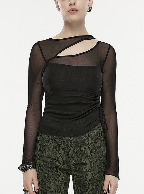 Black Stretch Fine Mesh Cutout Rope Bell Sleeve Punk Long Sleeve T-Shirt