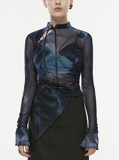Abstract Black And Gray Ink Printing Hollow Oblique Cheongsam Collar Punk Style Long-Sleeved T-Shirt