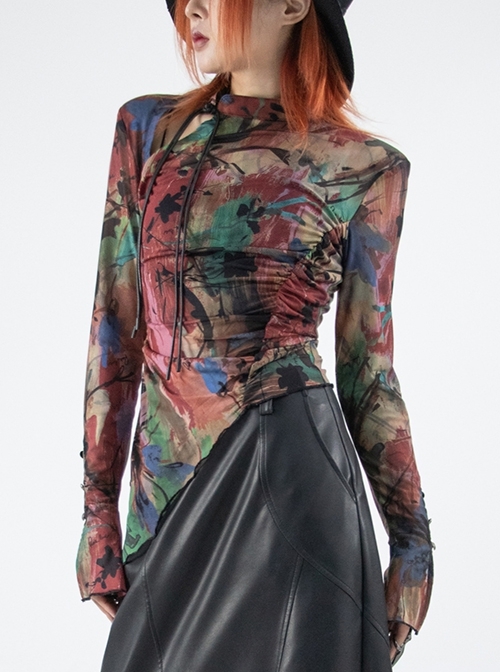 Abstract Black And Red Oil Painting Printing Hollow Oblique Cheongsam Standing Collar Punk Style Long-Sleeved T-Shirt