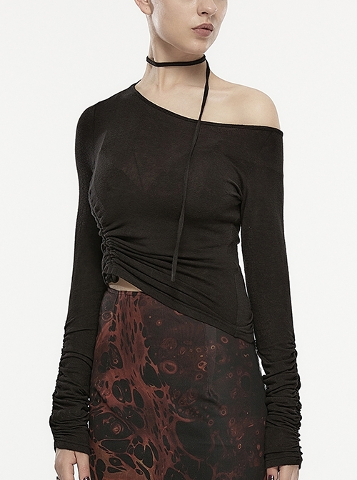 Stretch Knit Black Asymmetric Halter Neck Pleated Punk Long Sleeve T-Shirt